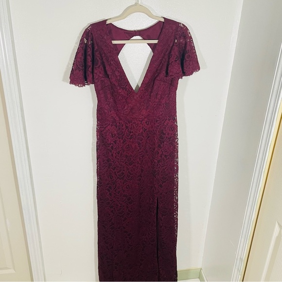 NEW BHLDN Juliet Short-Sleeve V-Neck Lace Gown Wine Red Cottagecore Romantic - Picture 4 of 12